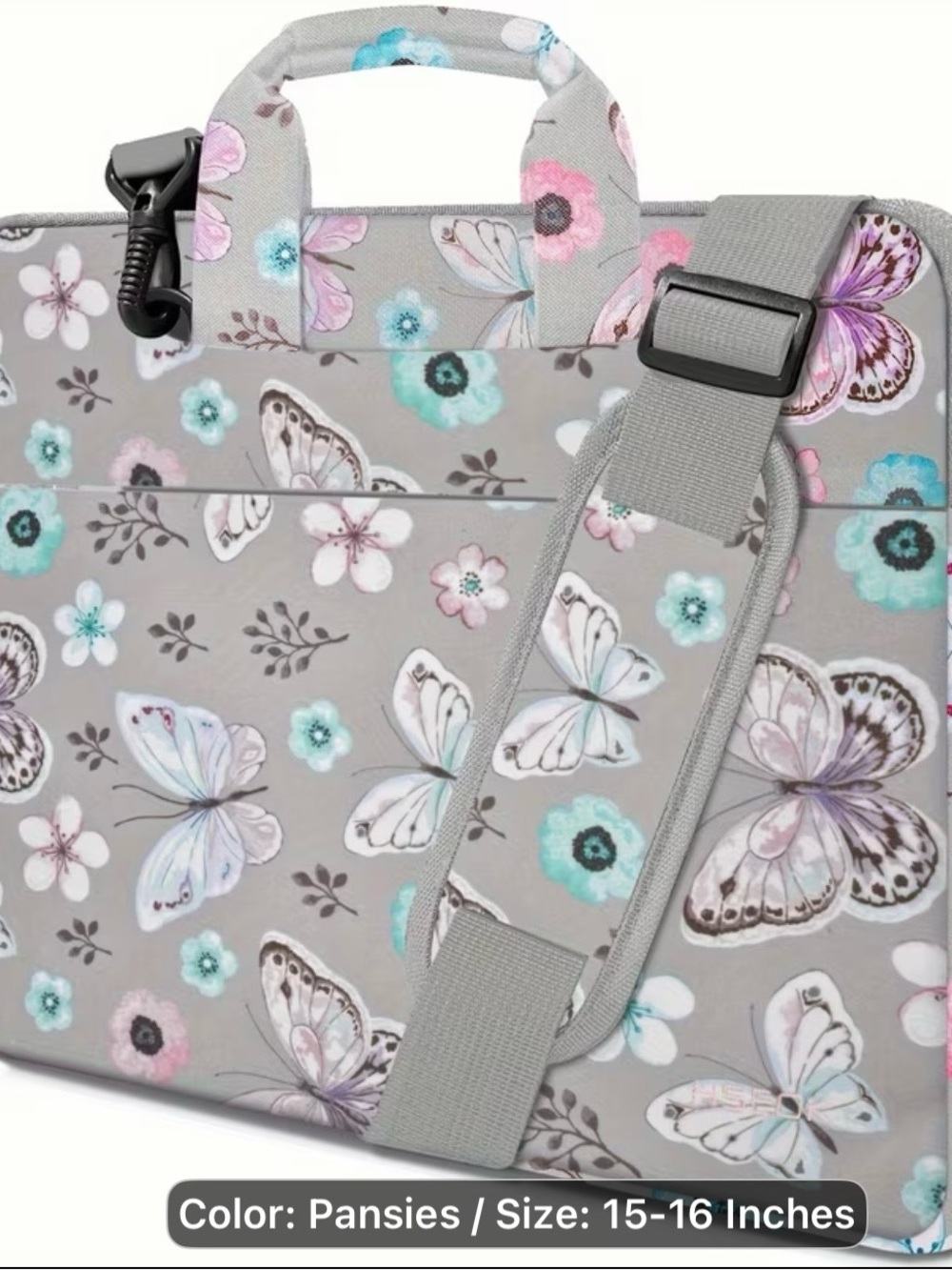 Source Unknown Gray Laptop Bag with Pastel Butterfly & Pansy Print